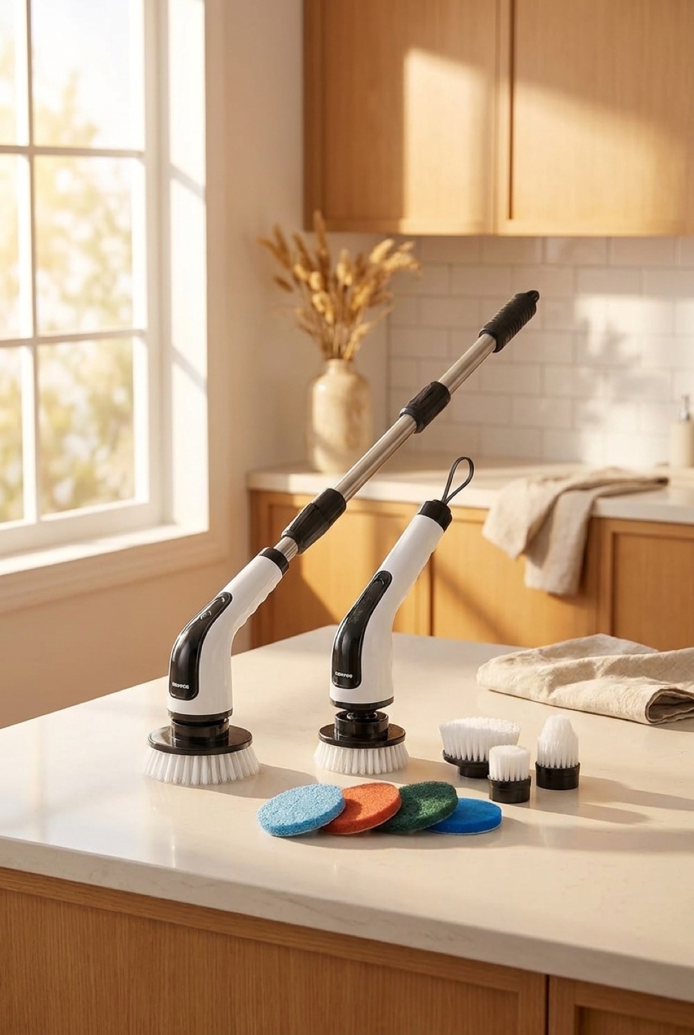 cordless spin scrubber in a bright spotless home in soft golden-hour light