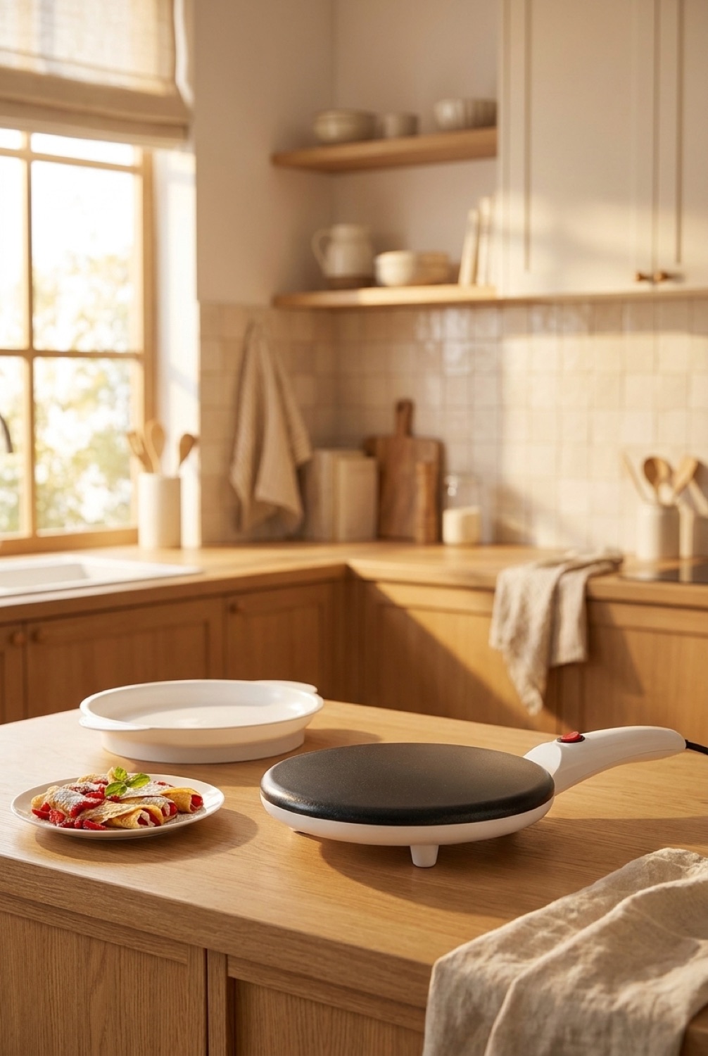 crepe maker on a warm oak kitchen counter in soft golden-hour light