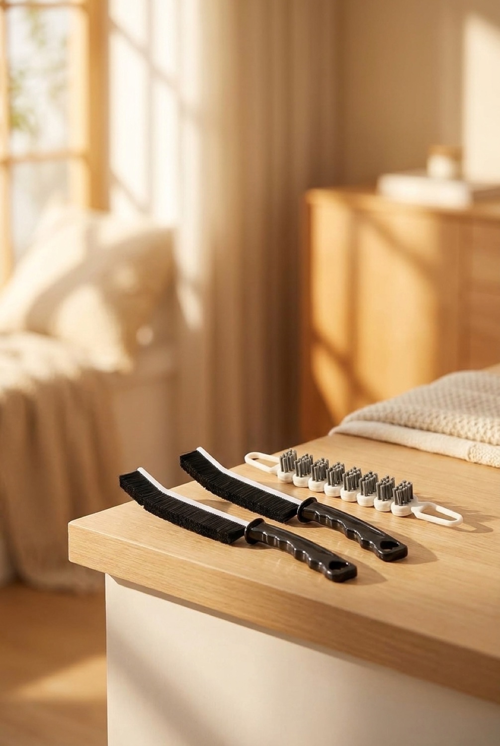 crevice brush set in a bright spotless home in soft golden-hour light