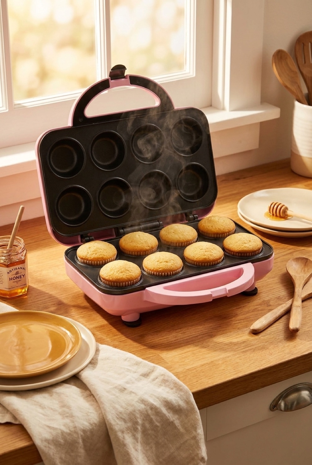 cupcake maker in soft golden-hour light