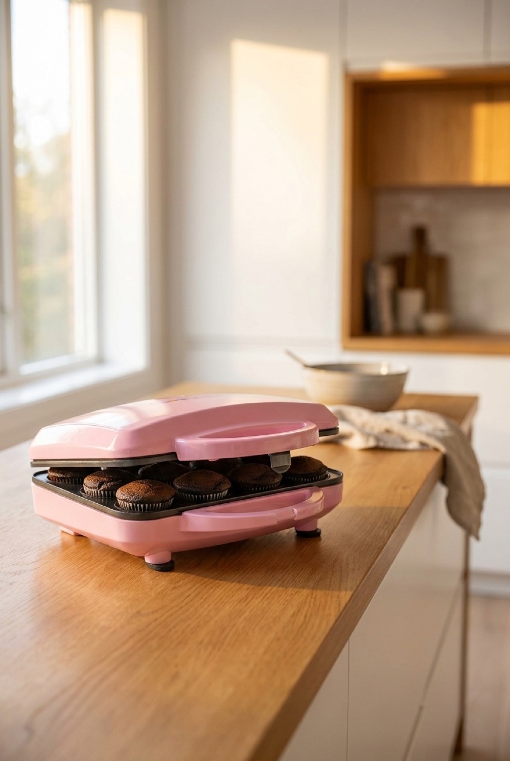 cupcake maker on a warm oak kitchen counter in soft golden-hour light