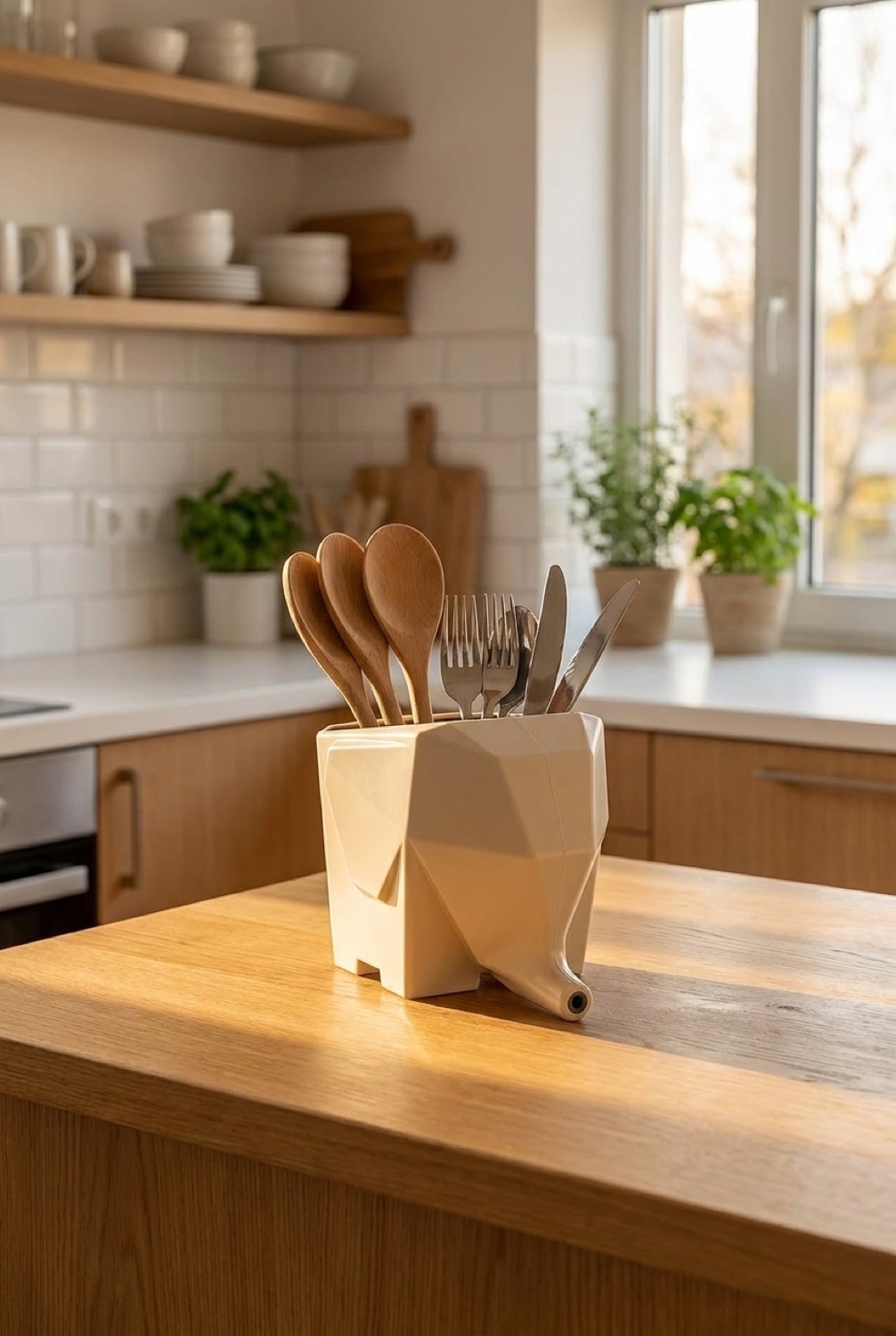 cutlery drainer on a warm oak kitchen counter in soft golden-hour light