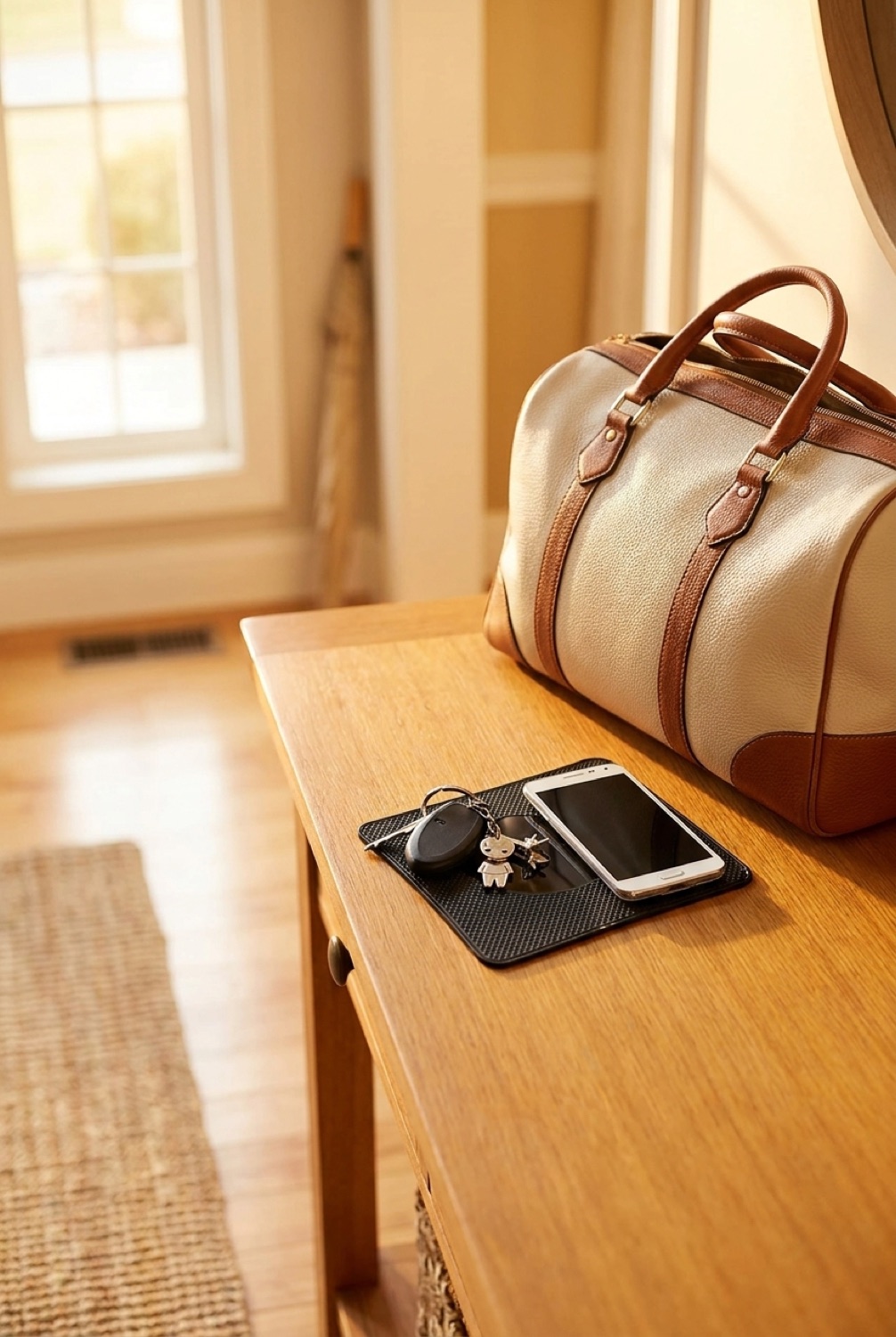 dashboard anti-slip mat beside a packed bag in a bright entryway in soft golden-hour light