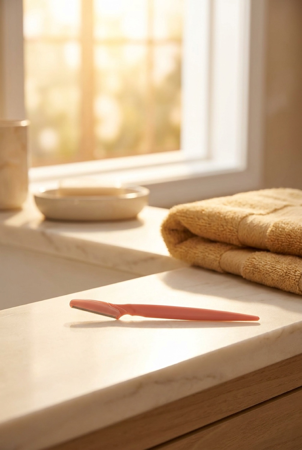 dermaplane face razor on a calm bathroom vanity in soft golden-hour light