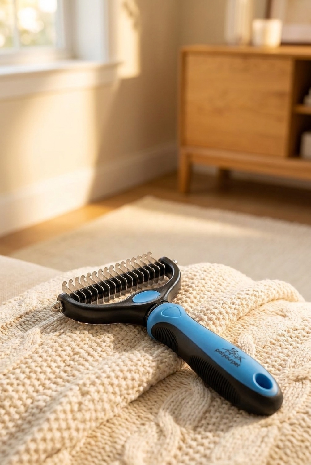Deshedding Brush in a calm home in soft golden-hour light