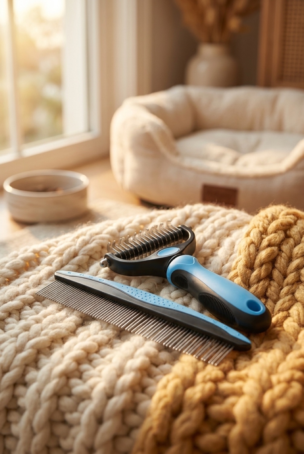 Deshedding Pet Brush in a calm home in soft golden-hour light