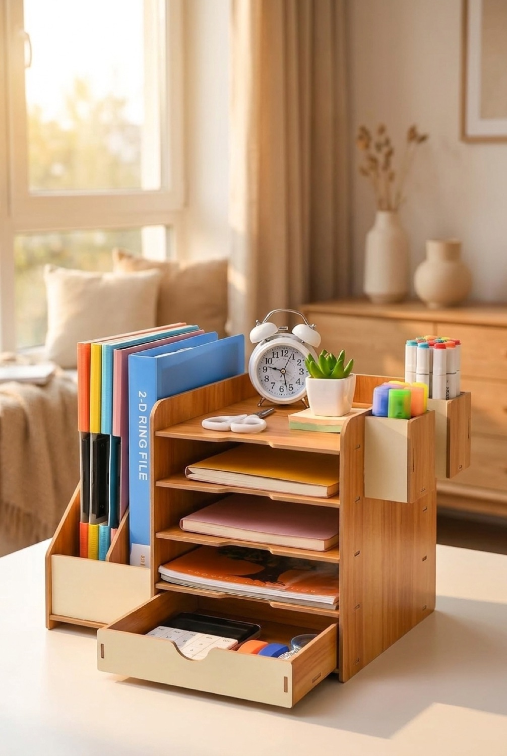 Desk Organizer in a calm organised home in soft golden-hour light