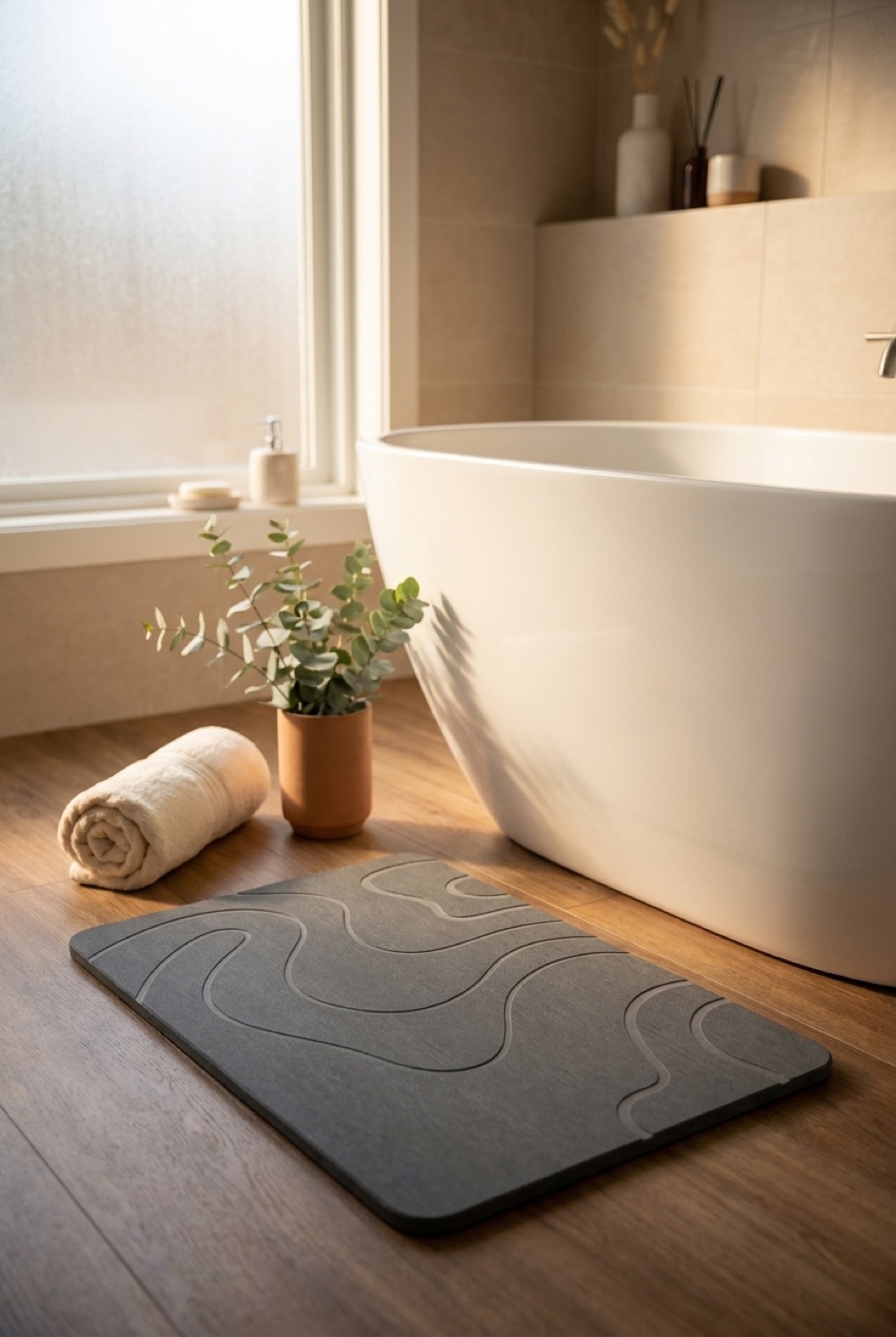 Stone diatomite bath mat by a freestanding tub in a calm spa-like bathroom