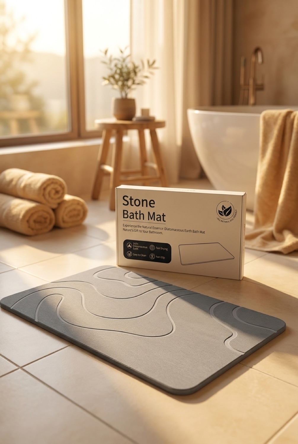 diatomite bath mat in a serene spa-like bathroom in soft golden-hour light