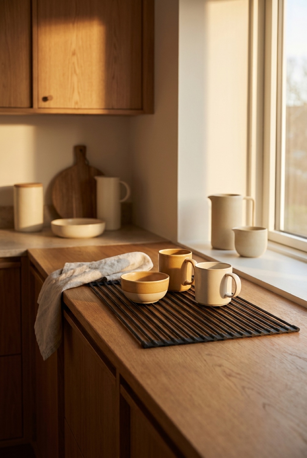 Dish Drying Rack in a minimalist Scandinavian kitchen in soft golden-hour light