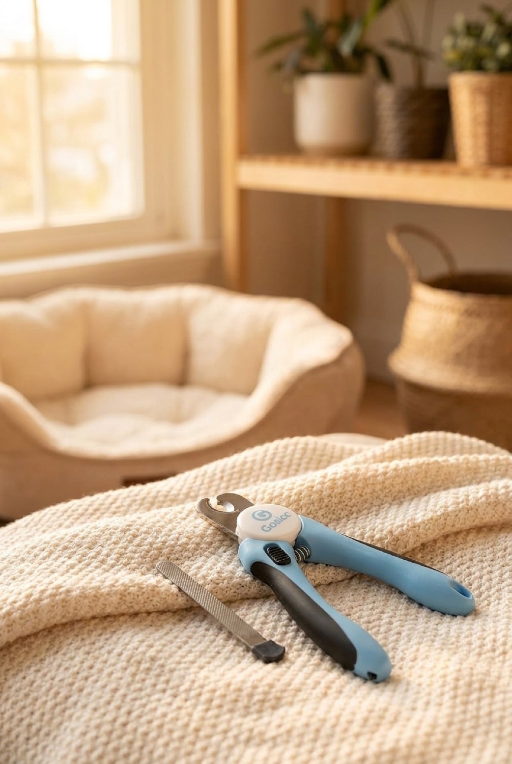 dog and cat nail clippers in a cosy home pet corner in soft golden-hour light