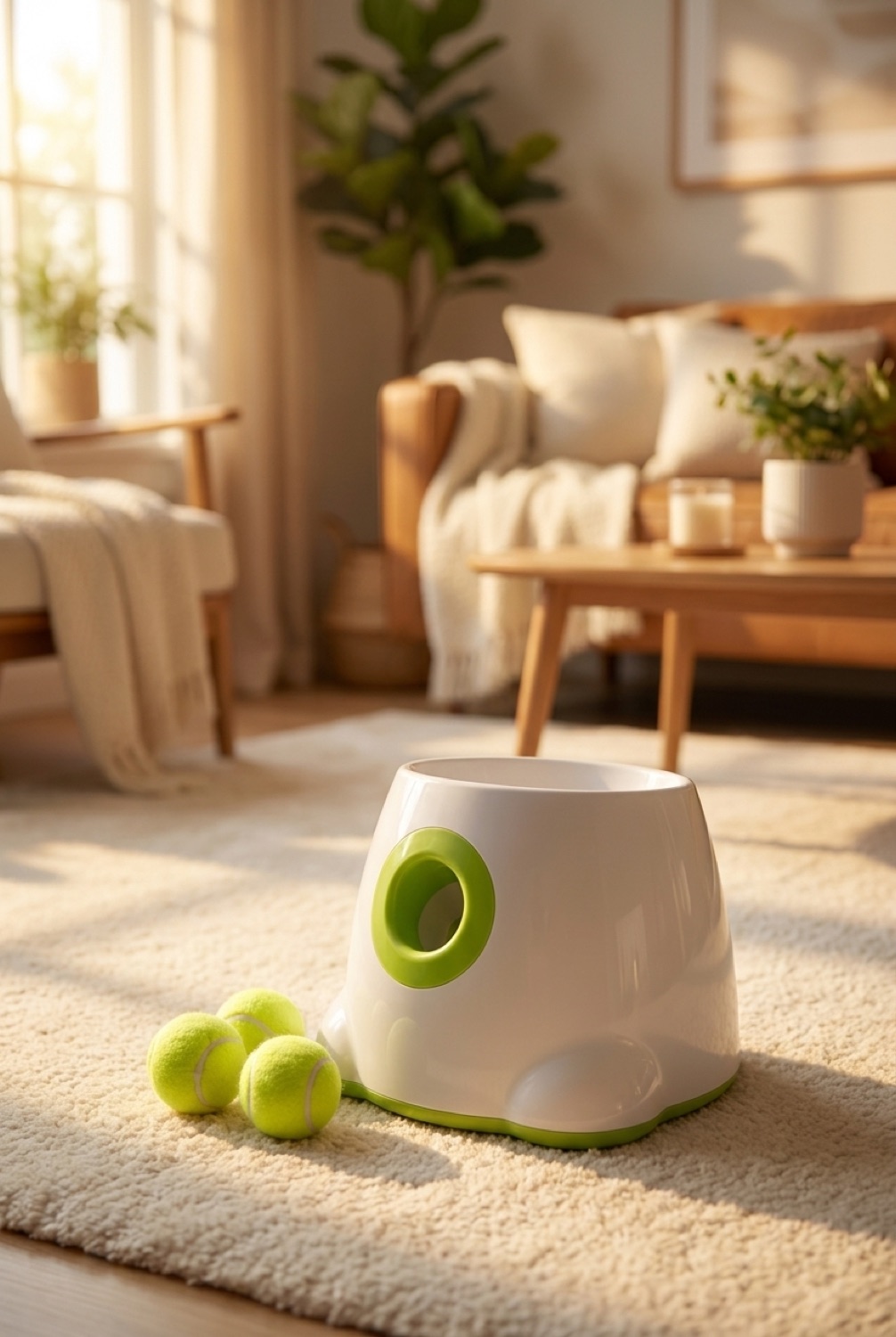 dog ball launcher in a cosy home pet corner in soft golden-hour light