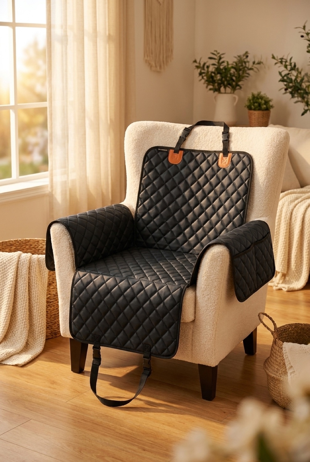 dog car seat cover in a cosy home pet corner in soft golden-hour light