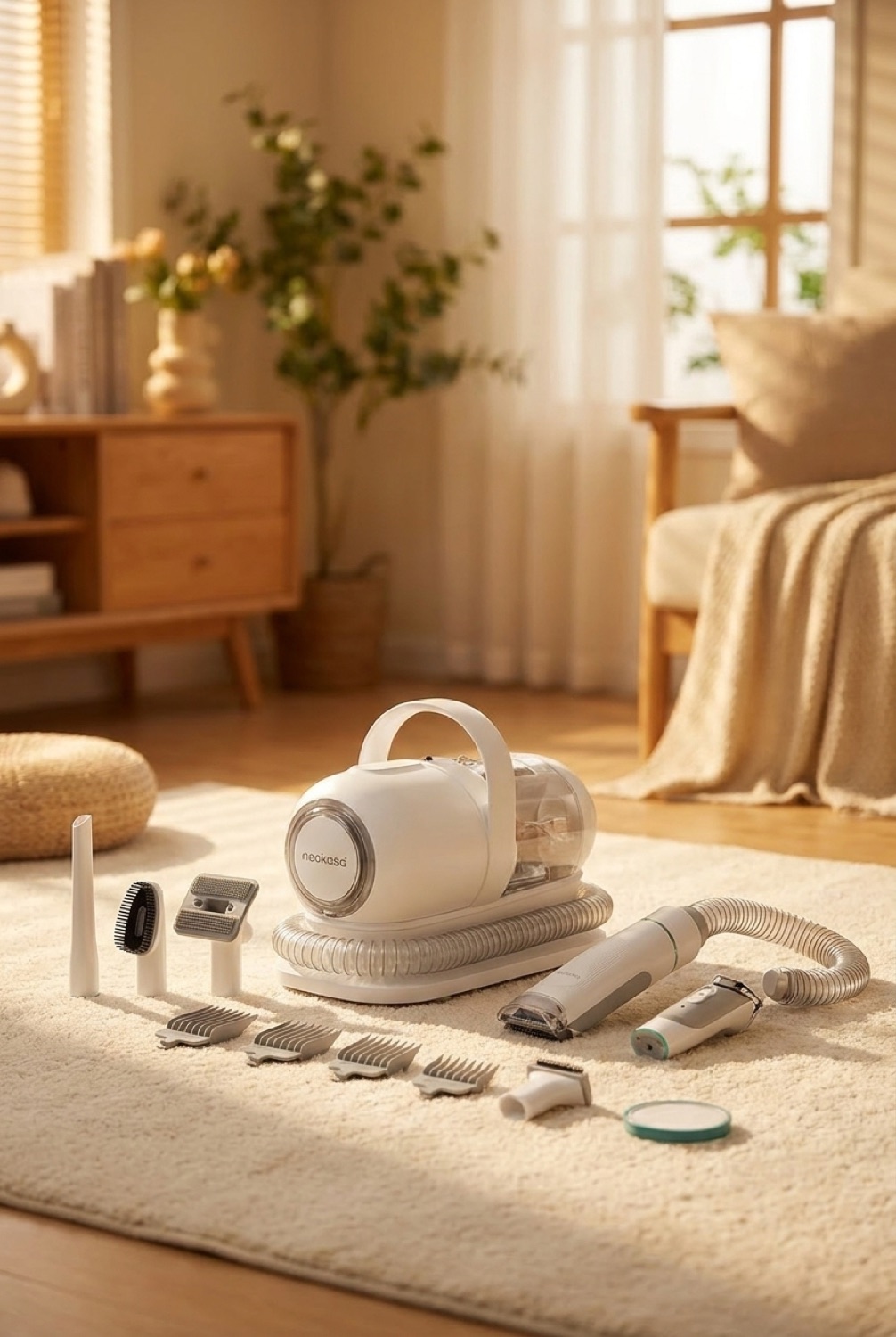 dog grooming vacuum in a cosy home pet corner in soft golden-hour light