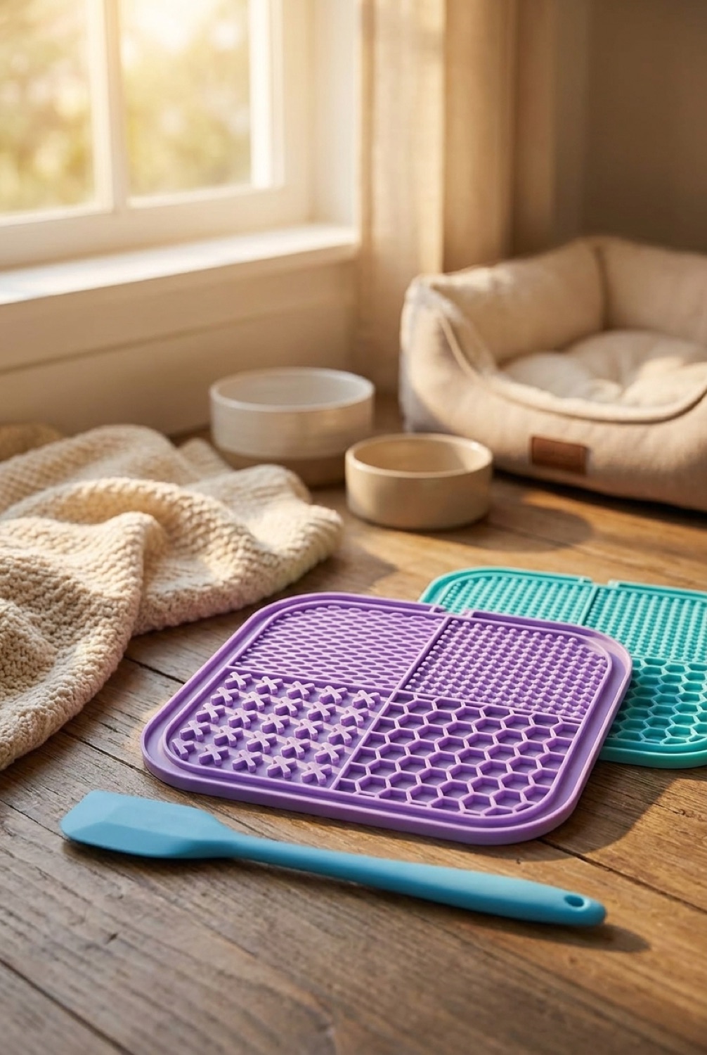 dog lick mat in a cosy home pet corner in soft golden-hour light