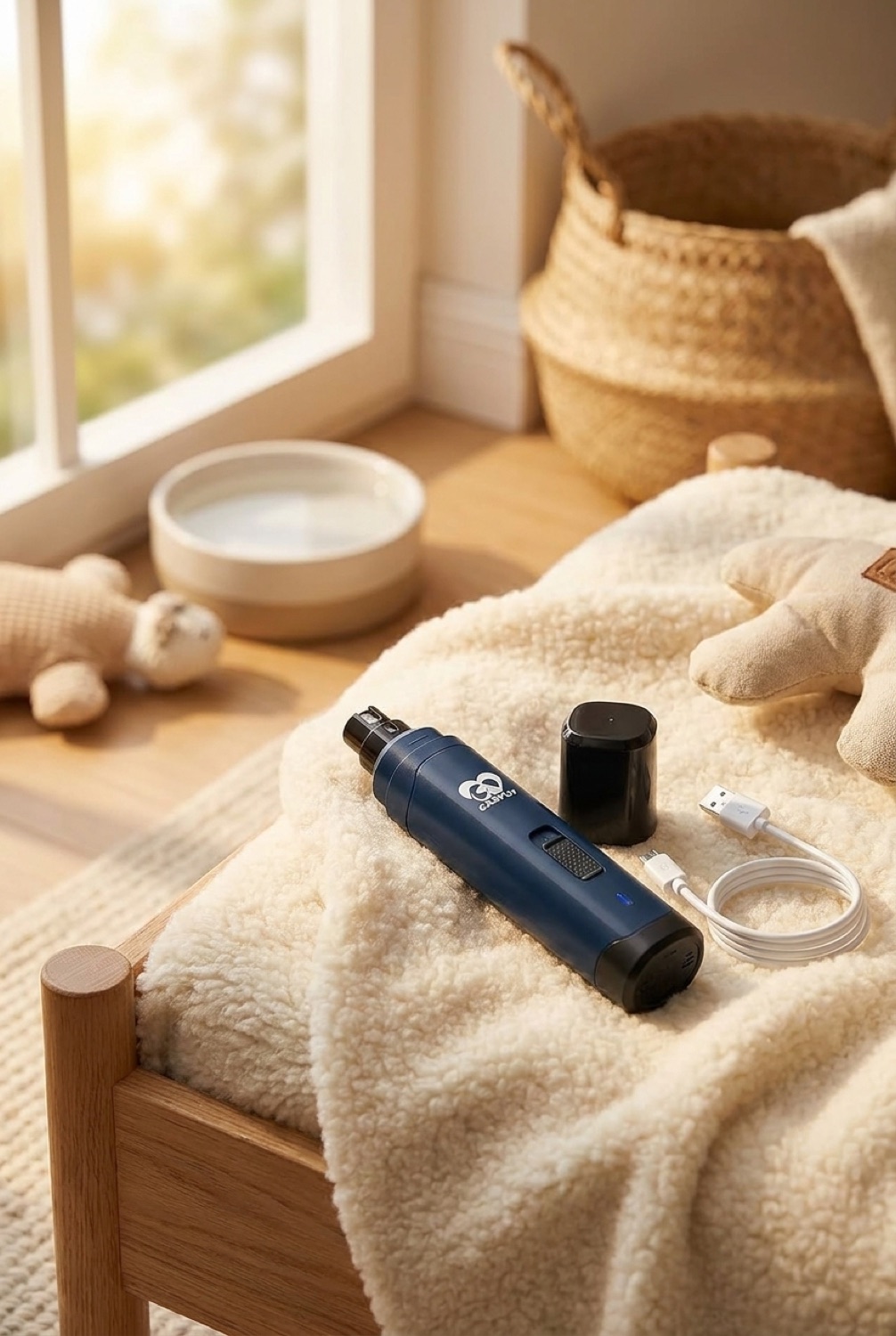 dog nail grinder in a cosy home pet corner in soft golden-hour light