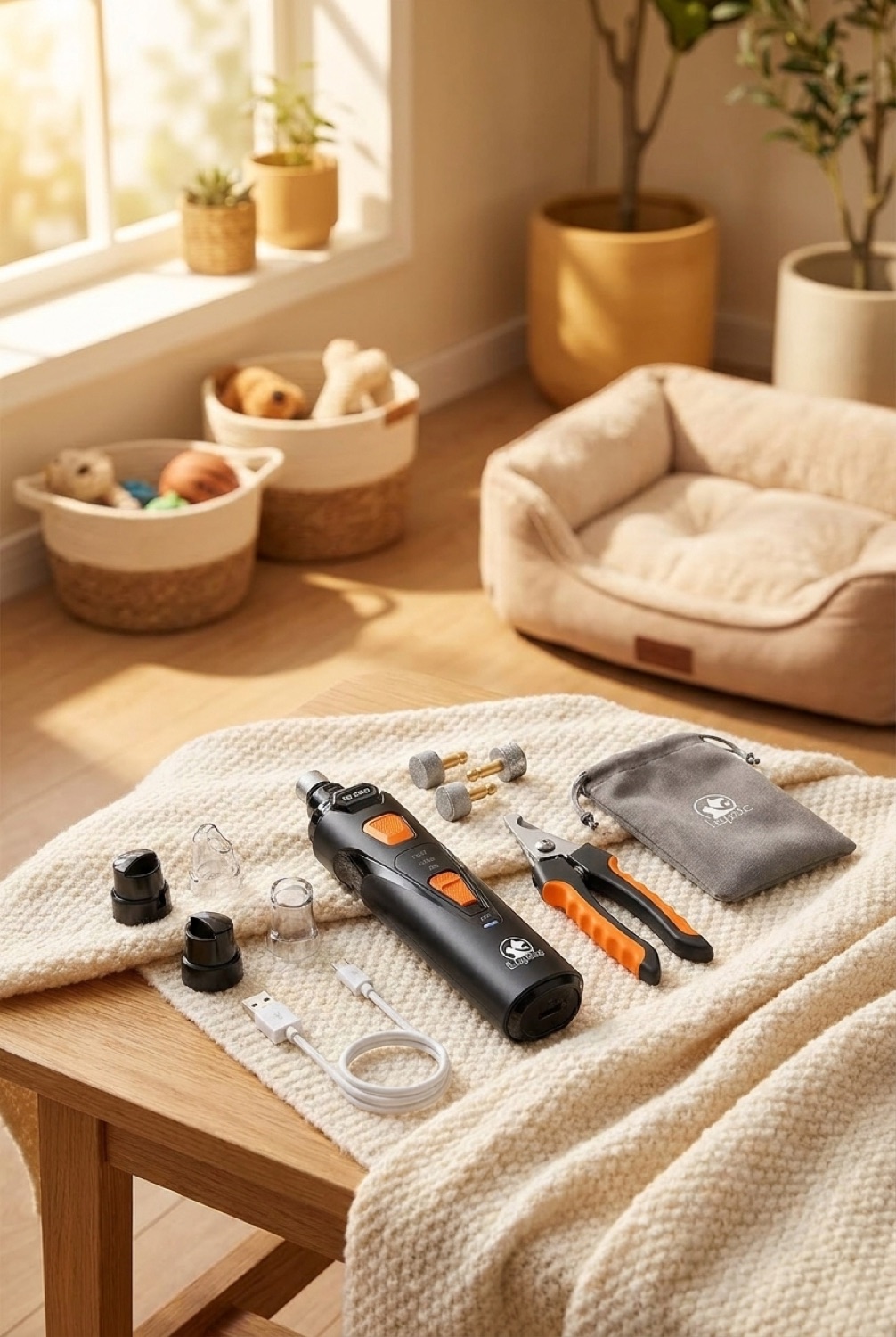 dog nail grinder in a cosy home pet corner in soft golden-hour light