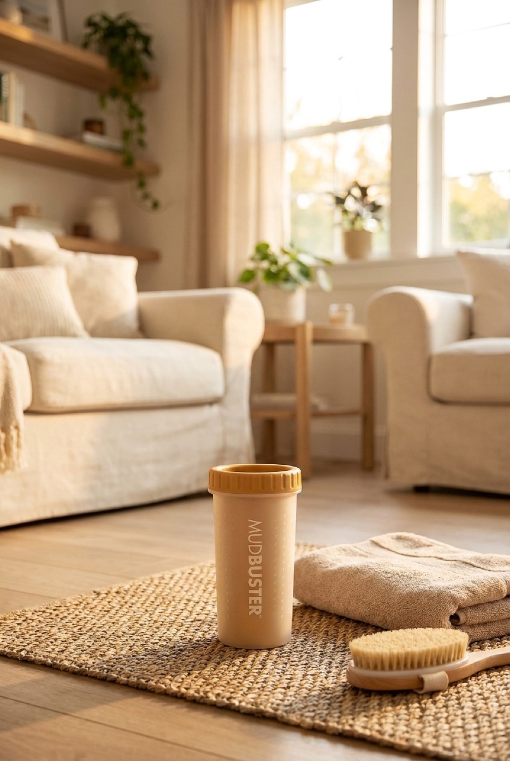 dog paw cleaner in a cosy home pet corner in soft golden-hour light