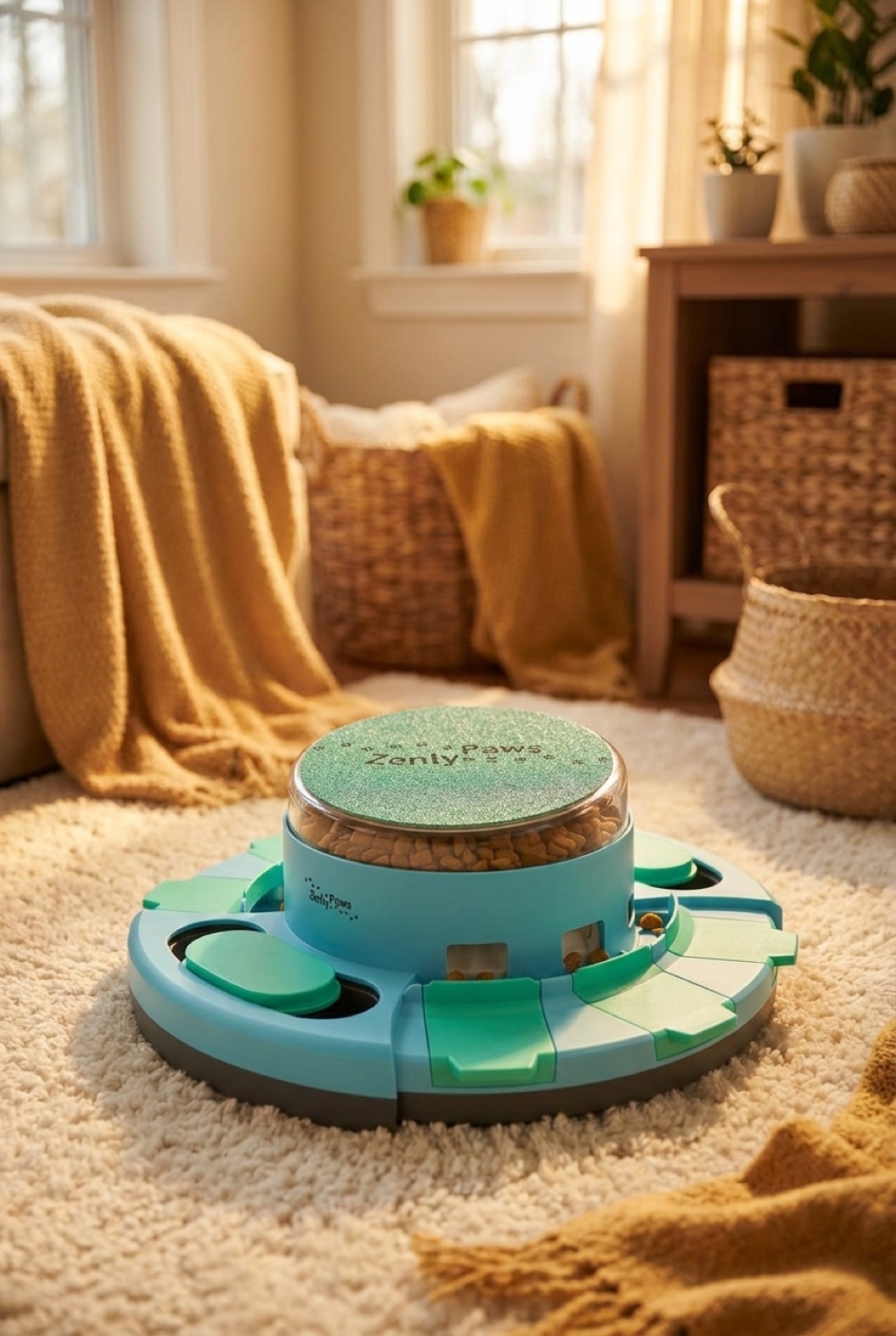dog scratch board in a cosy home pet corner in soft golden-hour light