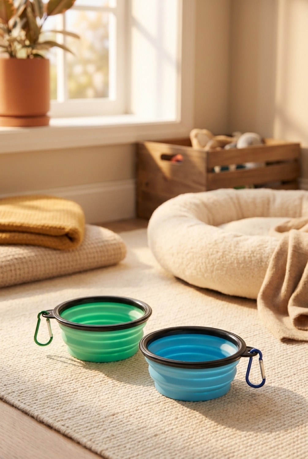 Dog Travel Bowl in a calm home in soft golden-hour light