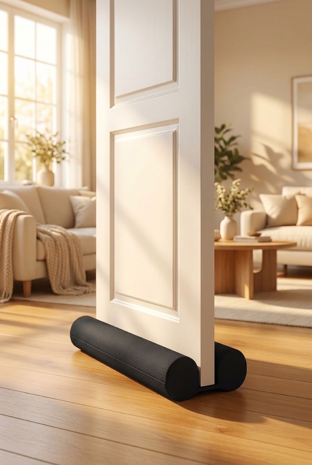 door draft stopper in a warm cosy living room in soft golden-hour light
