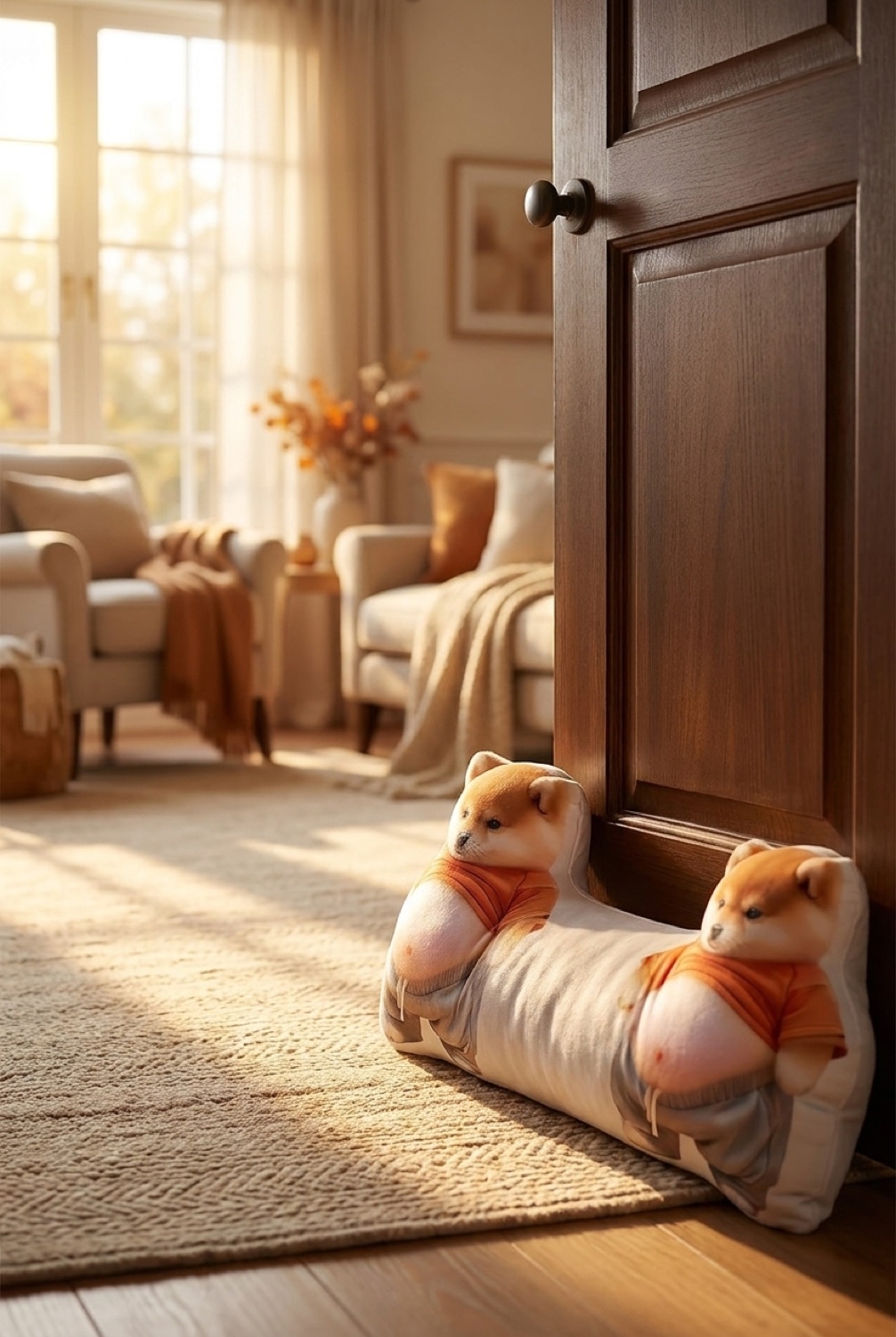 door draft stopper in a warm cosy living room in soft golden-hour light