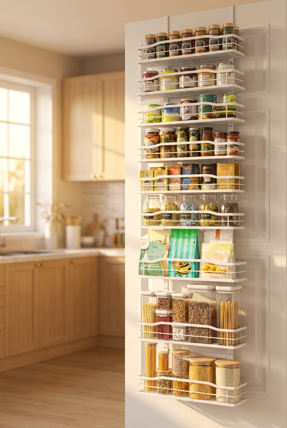 Door Pantry Organizer in a calm organised home in soft golden-hour light