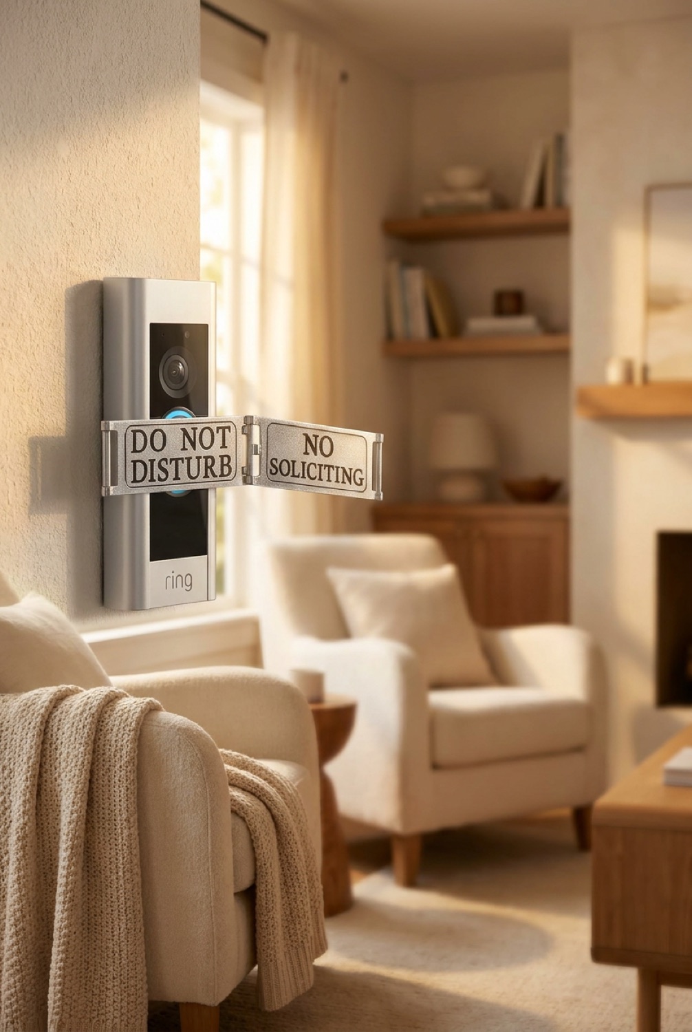 doorbell cover in a warm cosy living room in soft golden-hour light