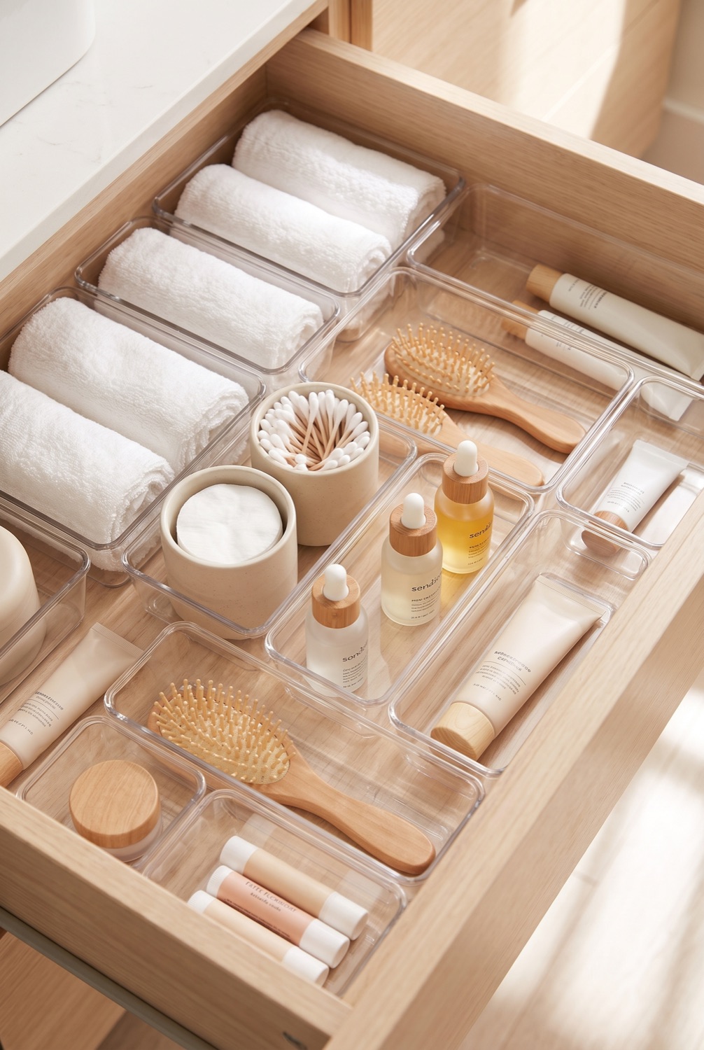 Clear acrylic drawer organisers dividing a bright vanity drawer into tidy rows