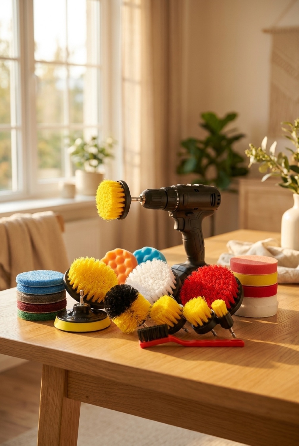 drill brush set in a bright spotless home in soft golden-hour light