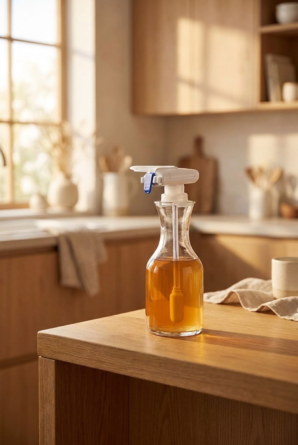 drink dispenser on a warm oak kitchen counter in soft golden-hour light