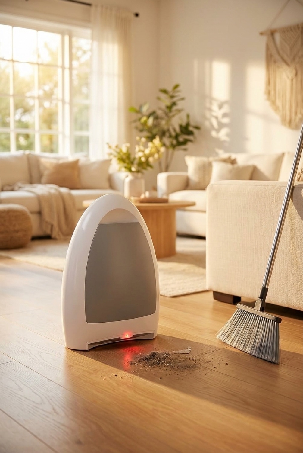 Dustpan Vacuum in a calm clean home in soft golden-hour light