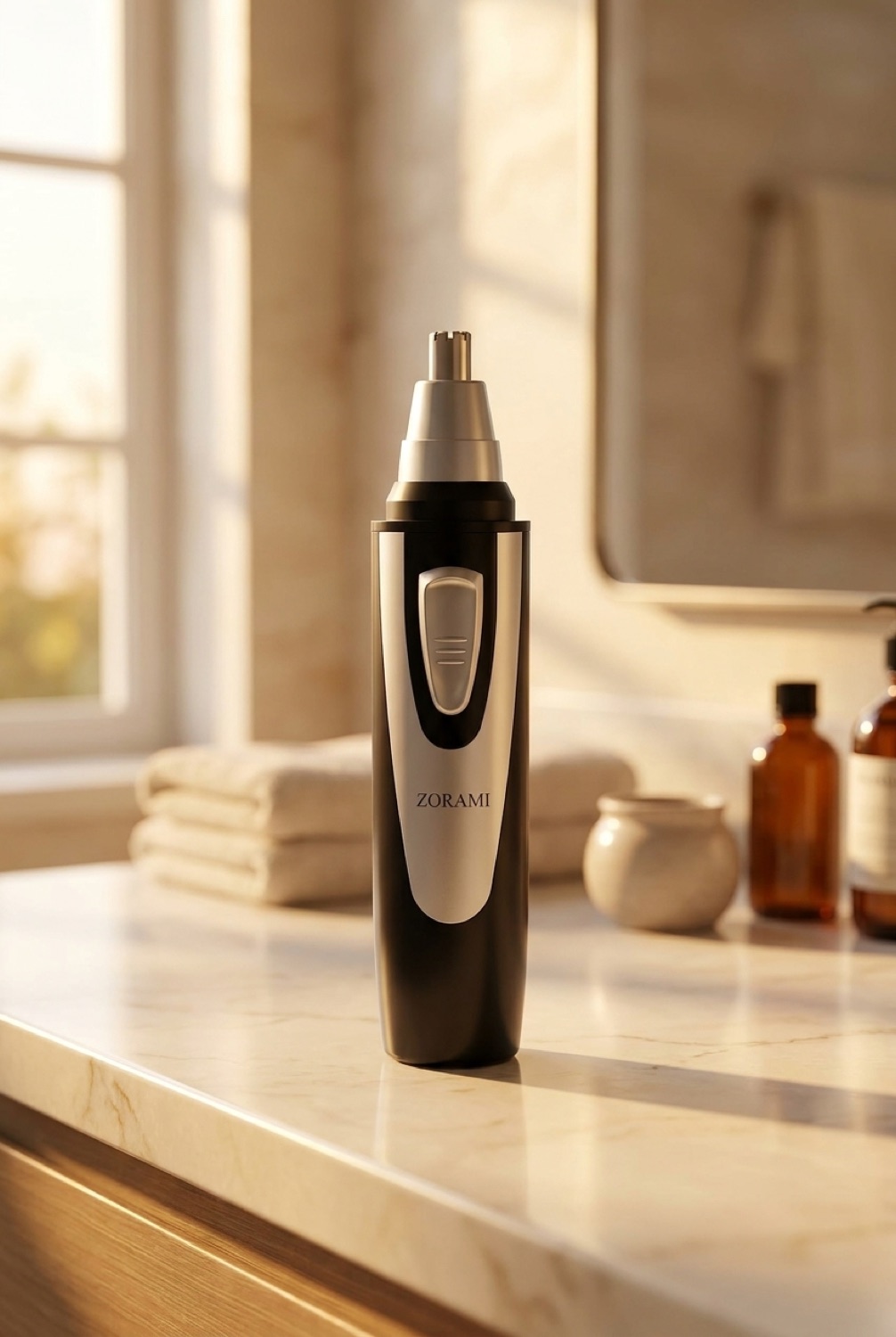 ear and nose hair trimmer on a calm bathroom vanity in soft golden-hour light