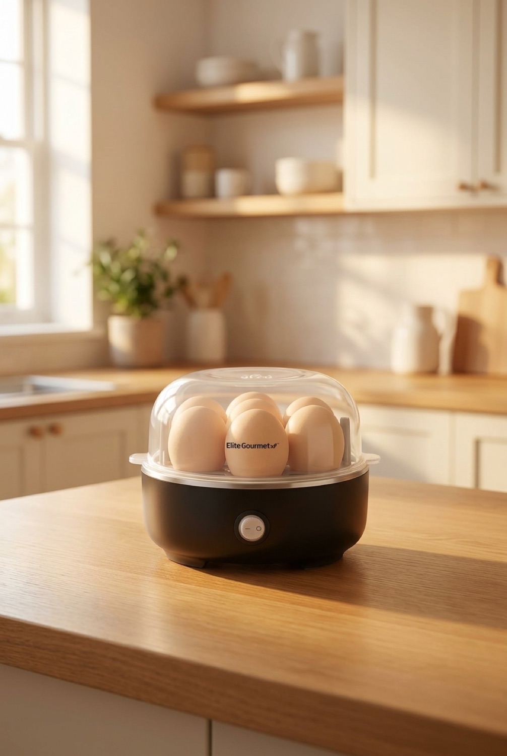 egg cooker on a warm oak kitchen counter in soft golden-hour light
