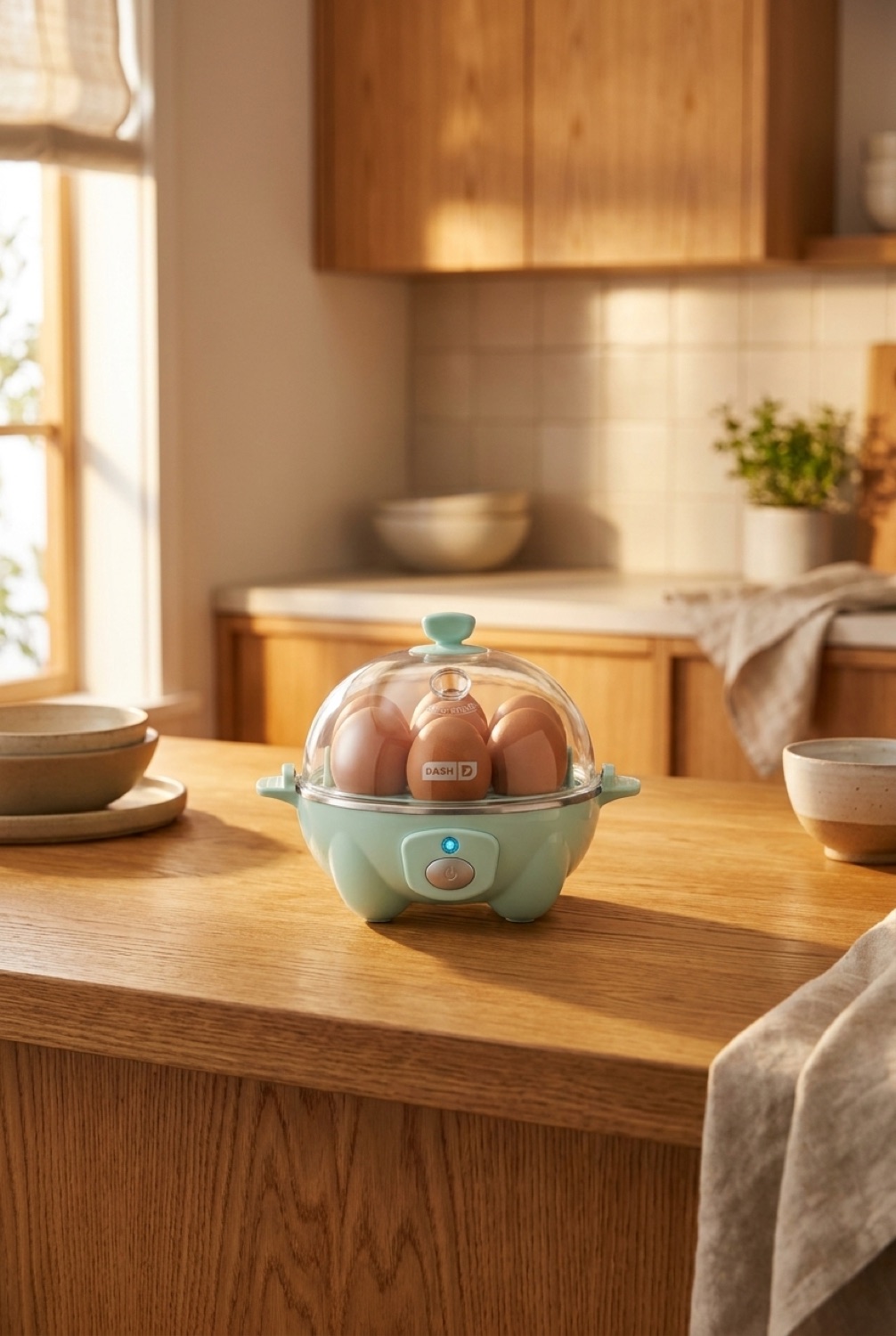 egg cooker on a warm oak kitchen counter in soft golden-hour light