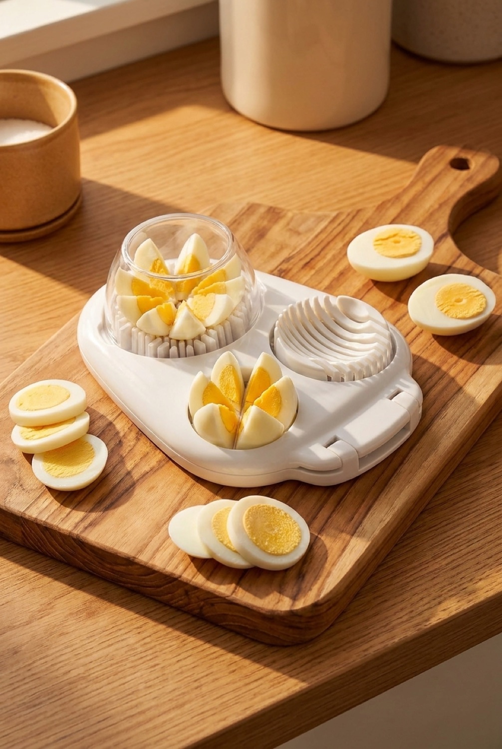 egg slicer sectioner in soft golden-hour light