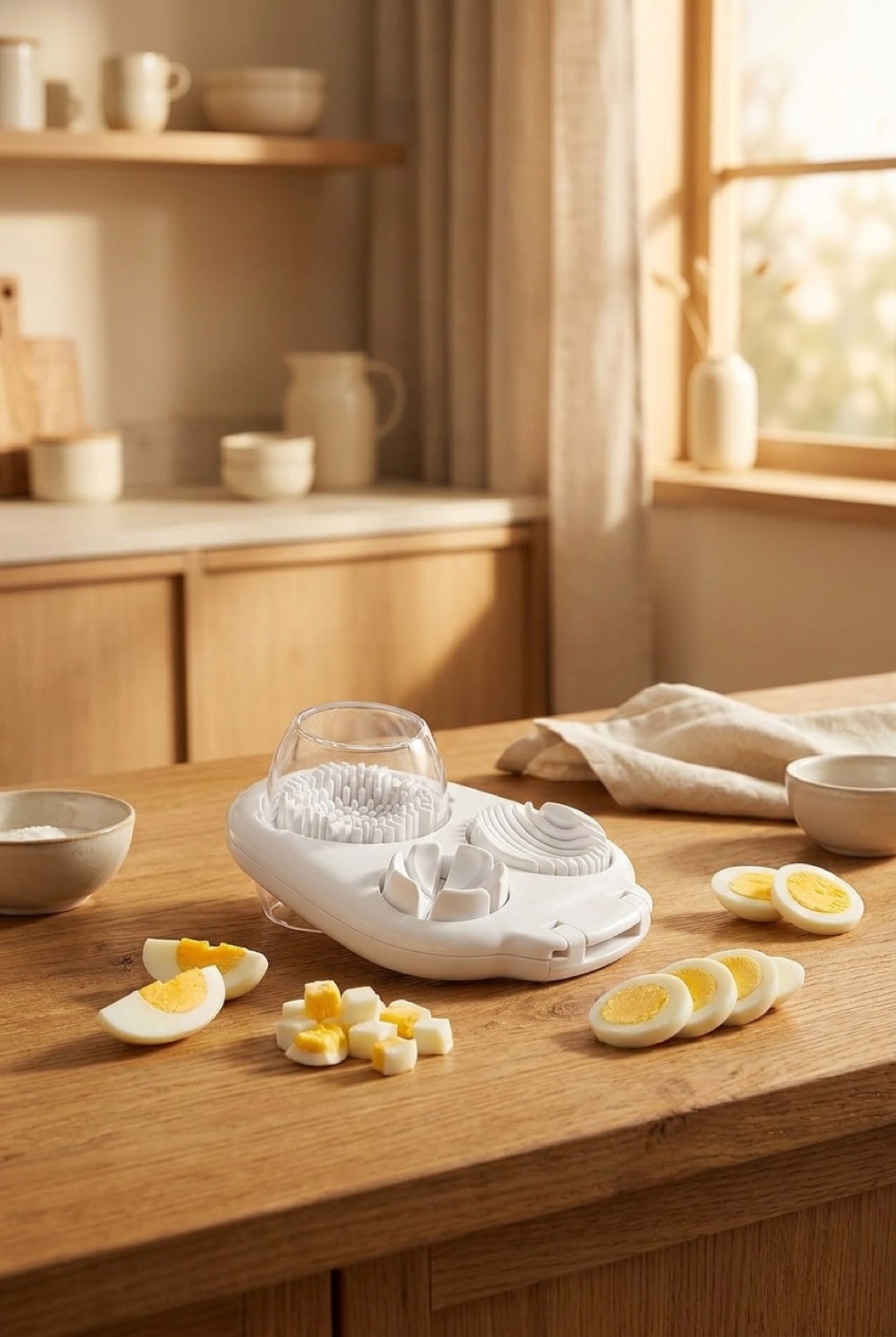 egg slicer sectioner on a warm oak kitchen counter in soft golden-hour light
