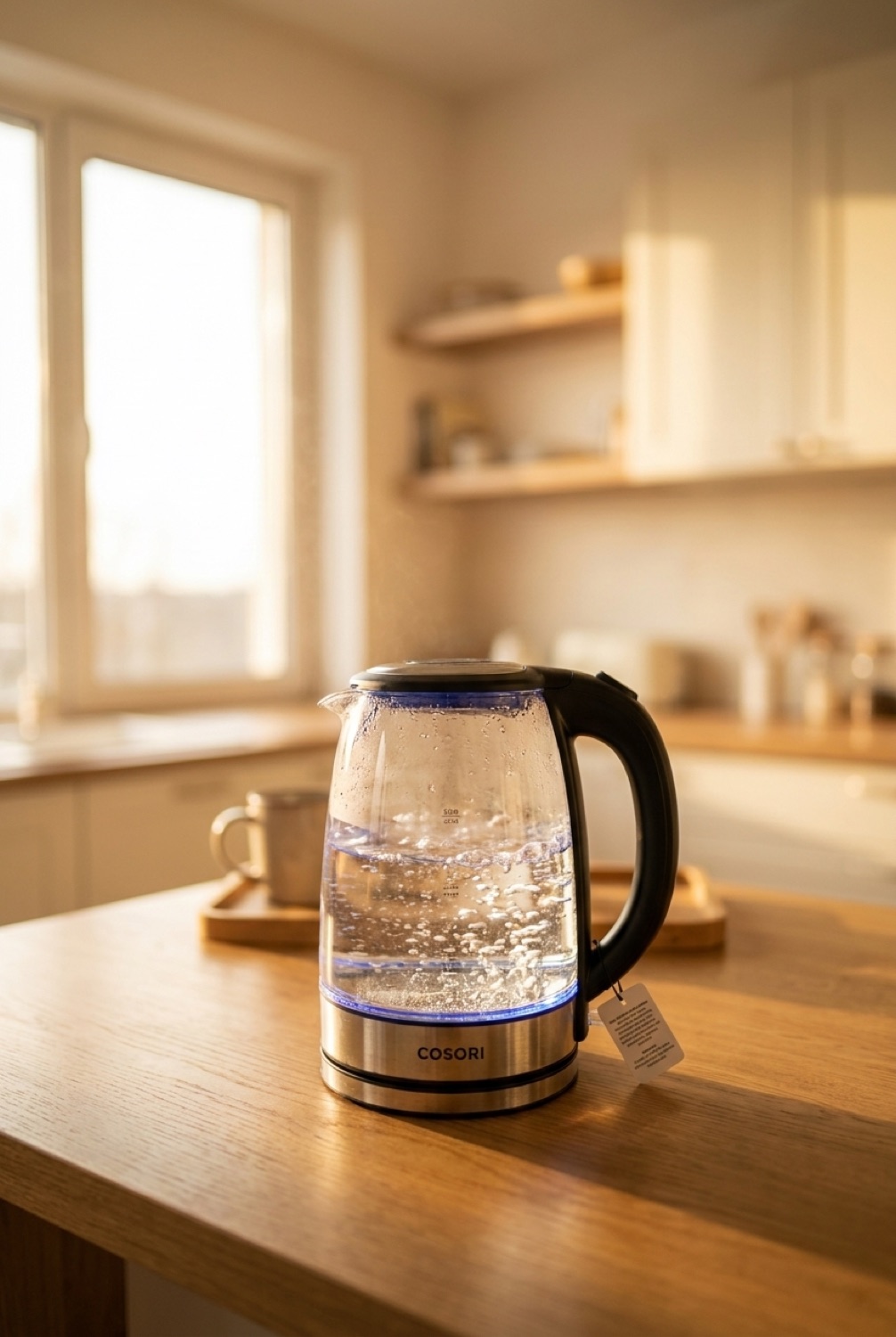 electric gooseneck kettle on a warm oak kitchen counter in soft golden-hour light