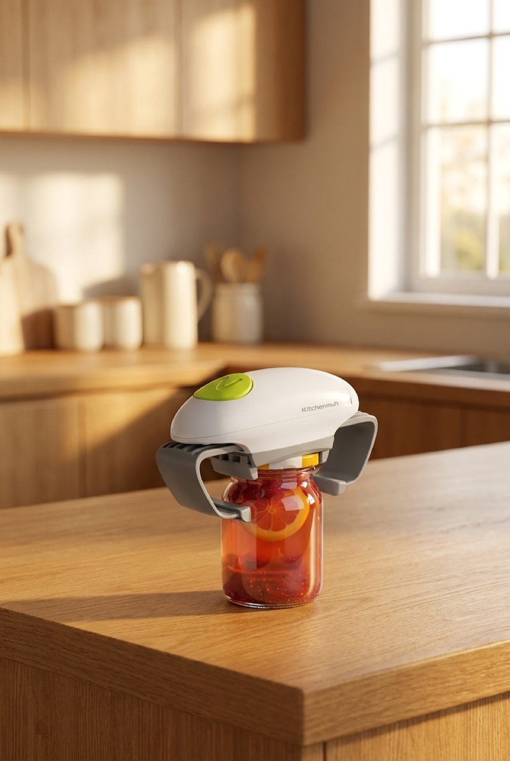 electric jar opener on a warm oak kitchen counter in soft golden-hour light