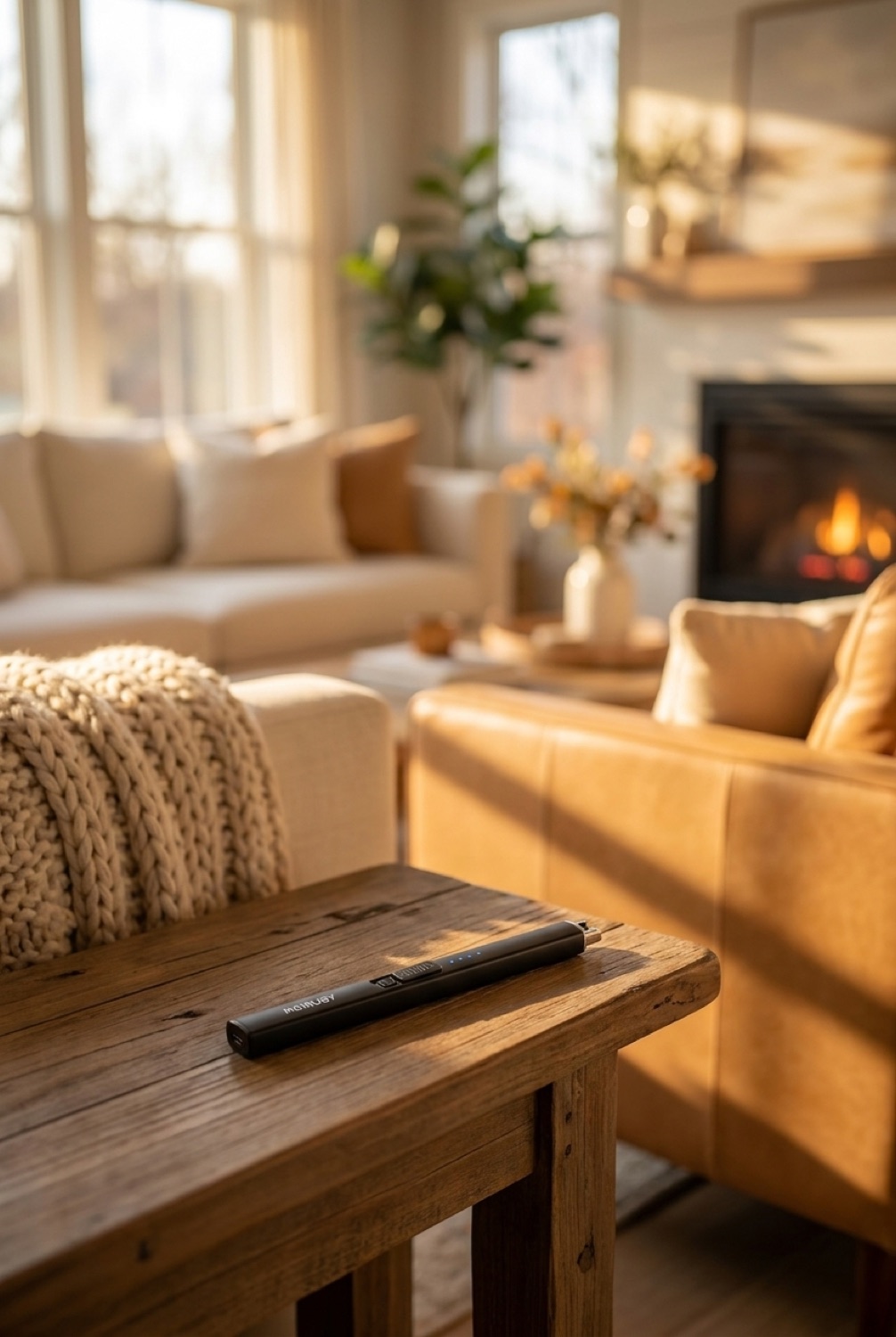 electric lighter in a warm cosy living room in soft golden-hour light