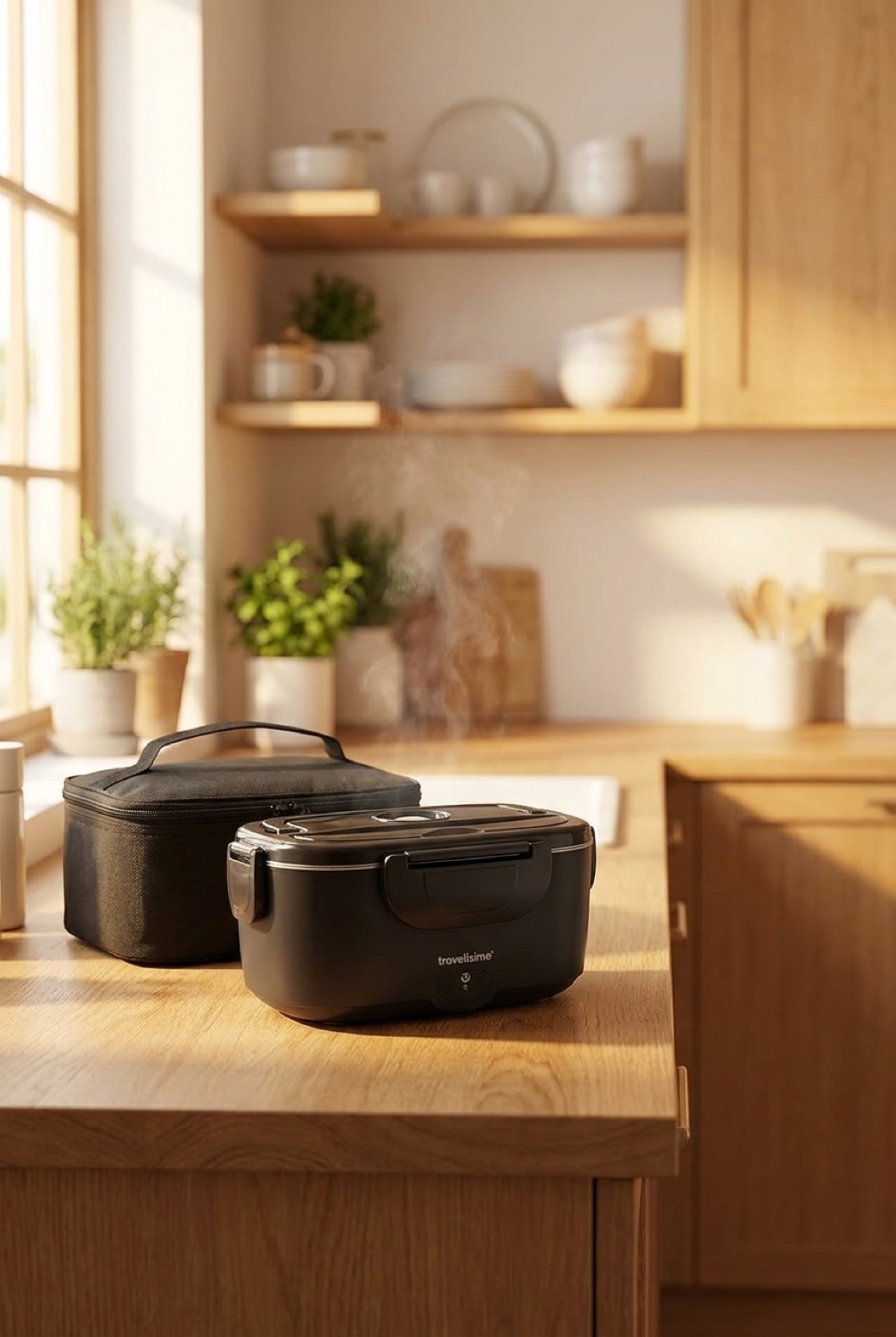 electric lunch box on a warm oak kitchen counter in soft golden-hour light
