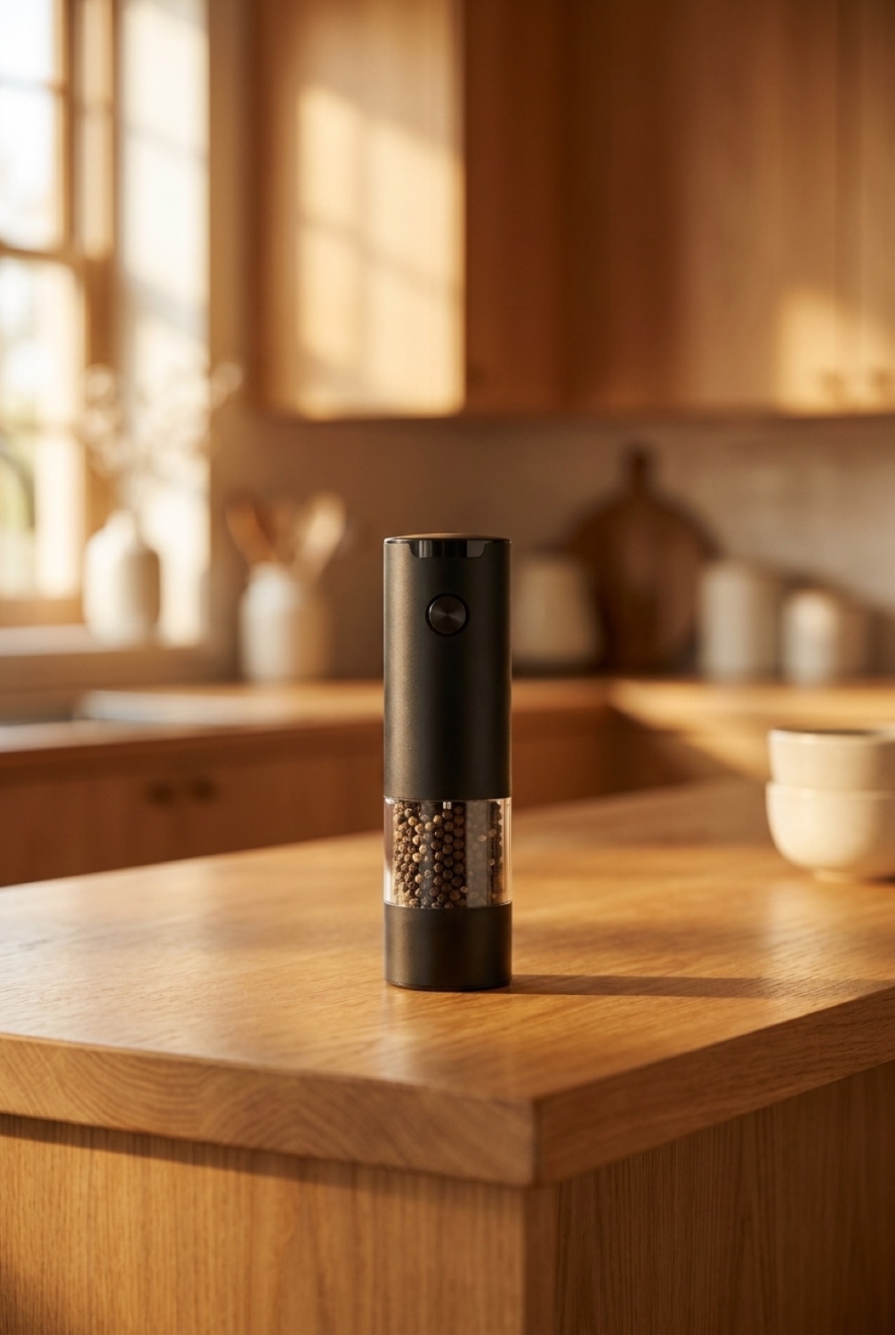 electric pepper grinder on a warm oak kitchen counter in soft golden-hour light