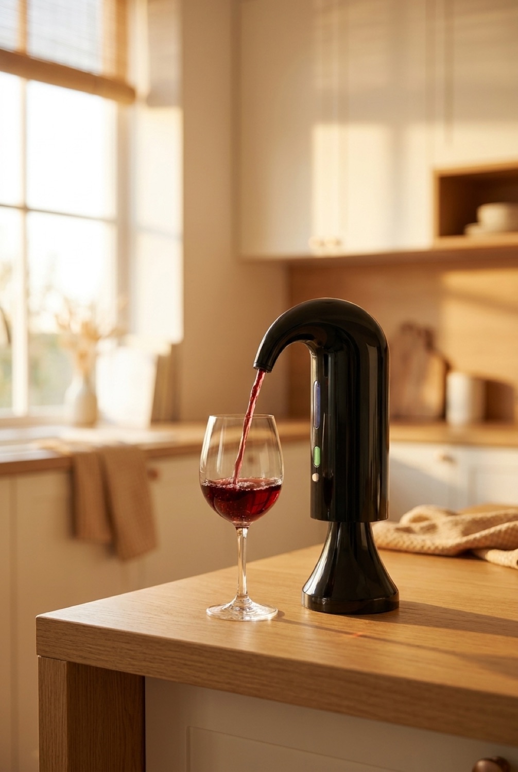 electric wine aerator on a warm oak kitchen counter in soft golden-hour light