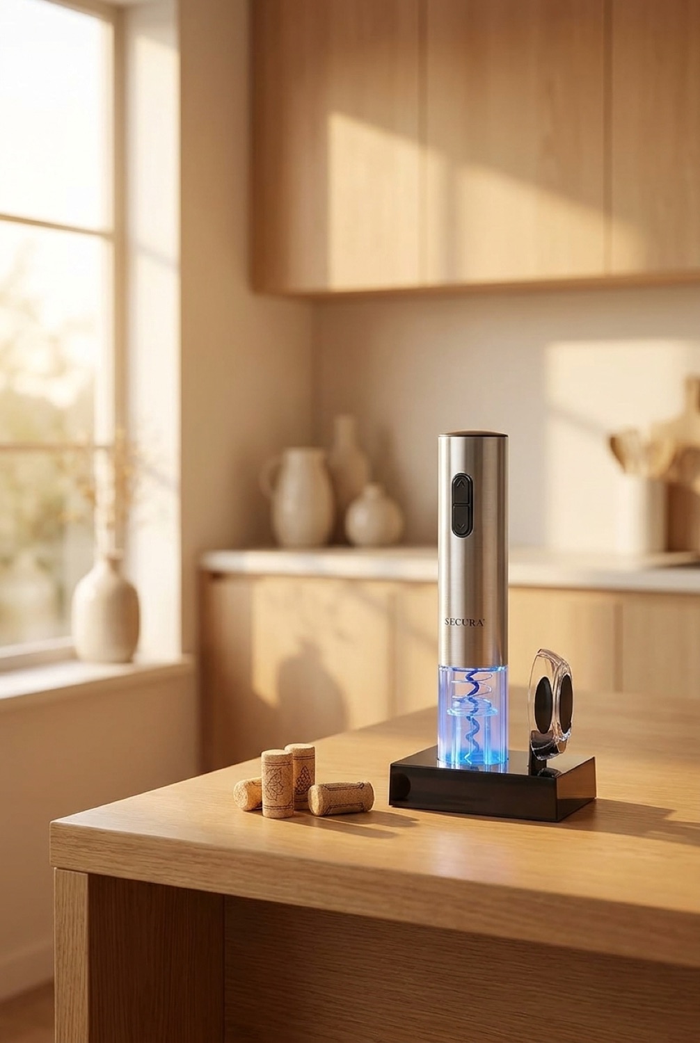 electric wine opener on a warm oak kitchen counter in soft golden-hour light