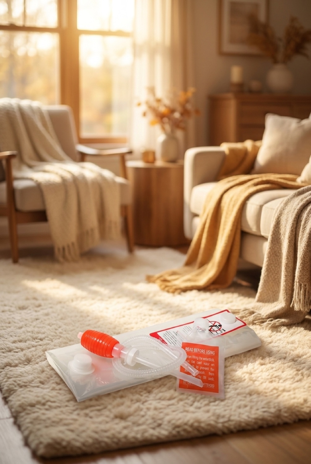 Emergency Water Bladder in a calm living room in soft golden-hour light