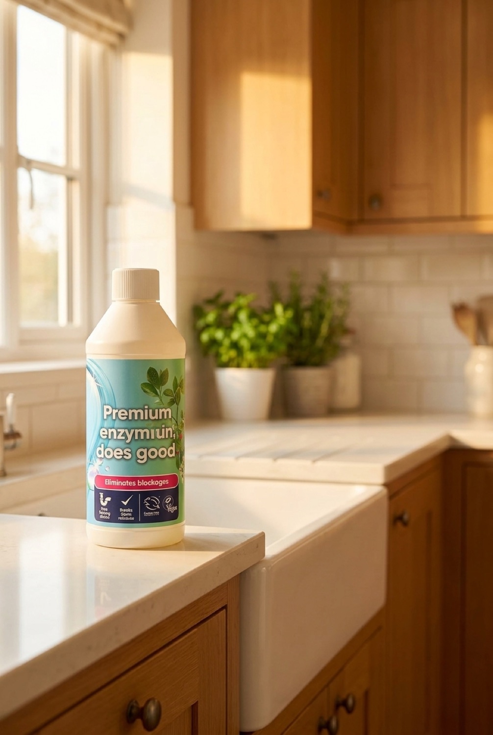 enzyme drain unblocker in a bright spotless home in soft golden-hour light