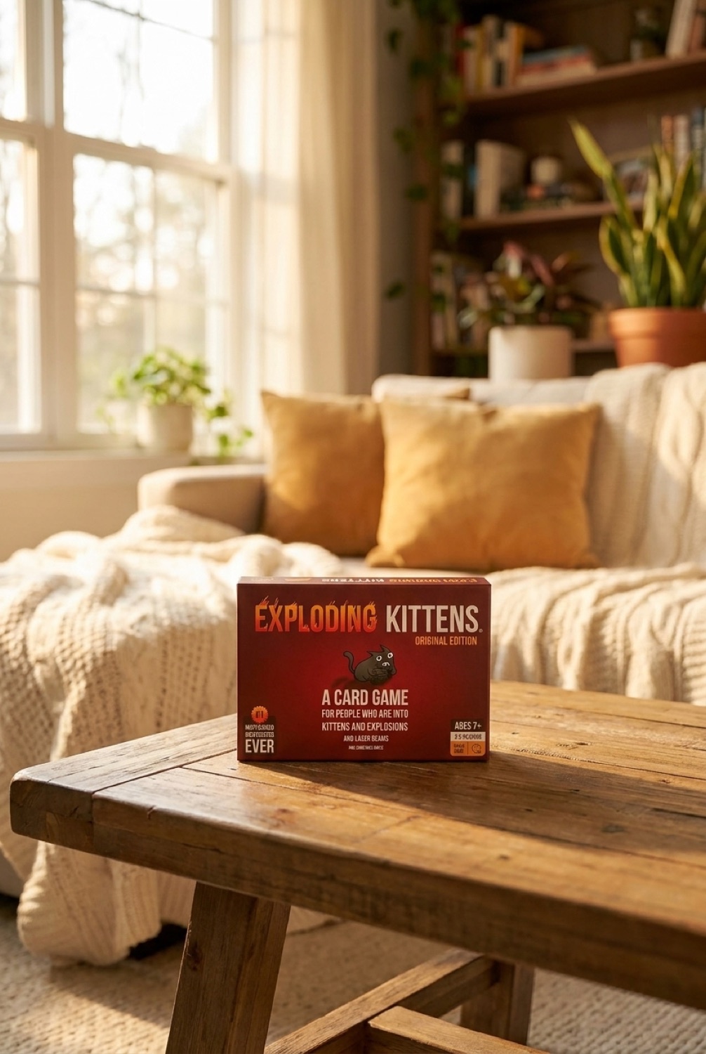 Exploding Kittens in a calm living room in soft golden-hour light