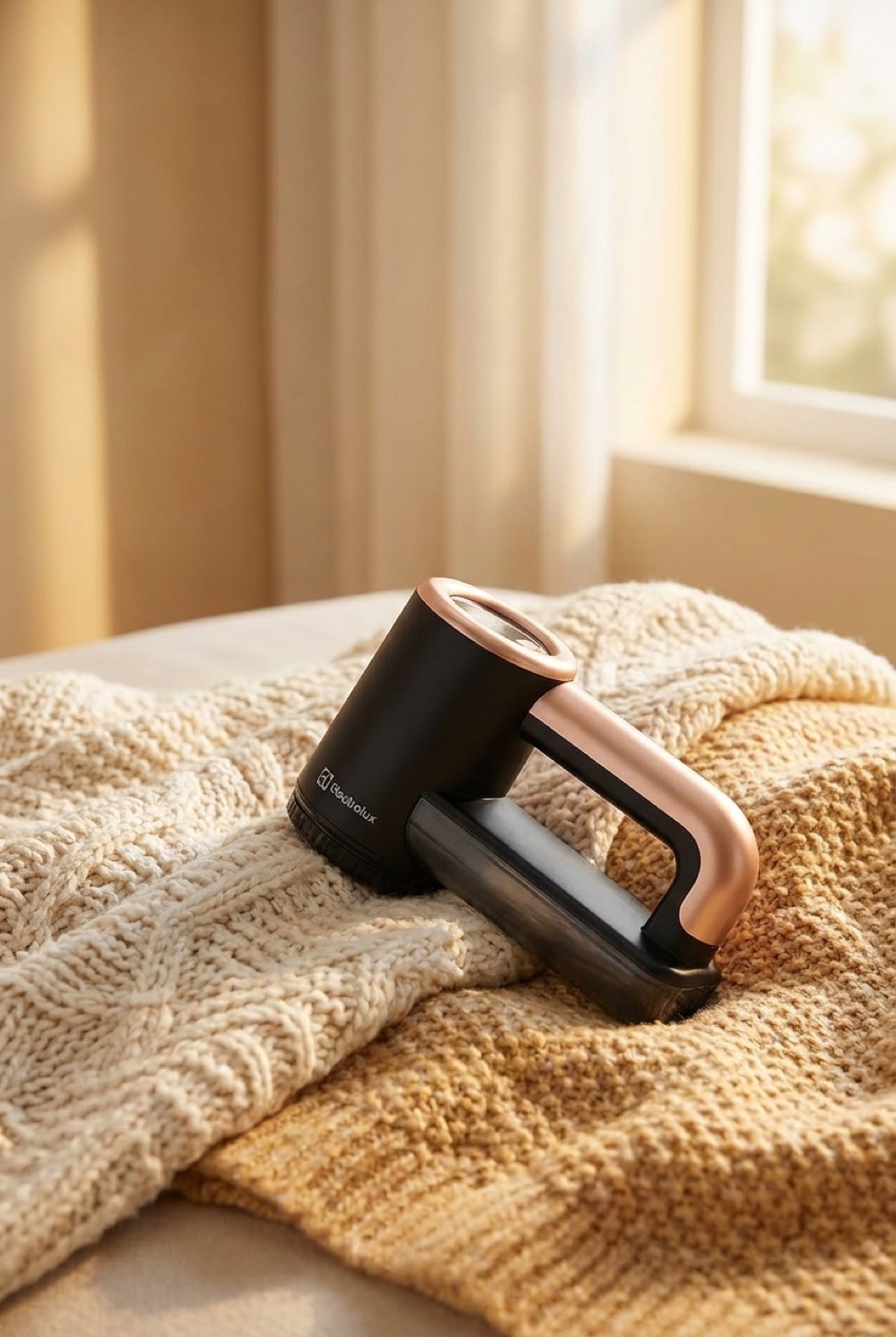 Fabric Shaver in a calm clean home in soft golden-hour light