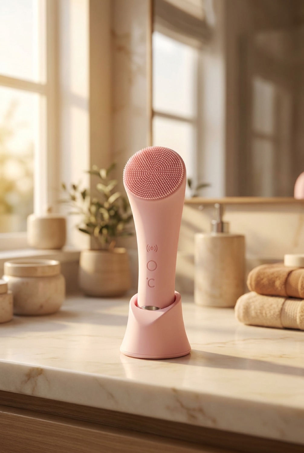 facial cleansing brush on a calm bathroom vanity in soft golden-hour light