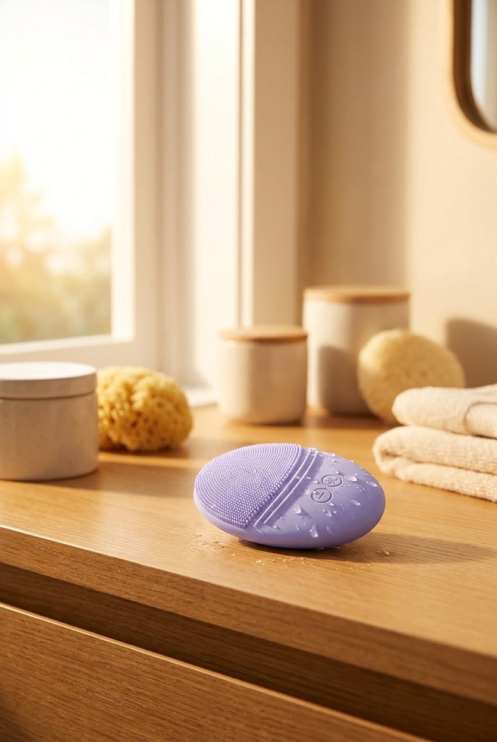 facial cleansing brush on a calm bathroom vanity in soft golden-hour light